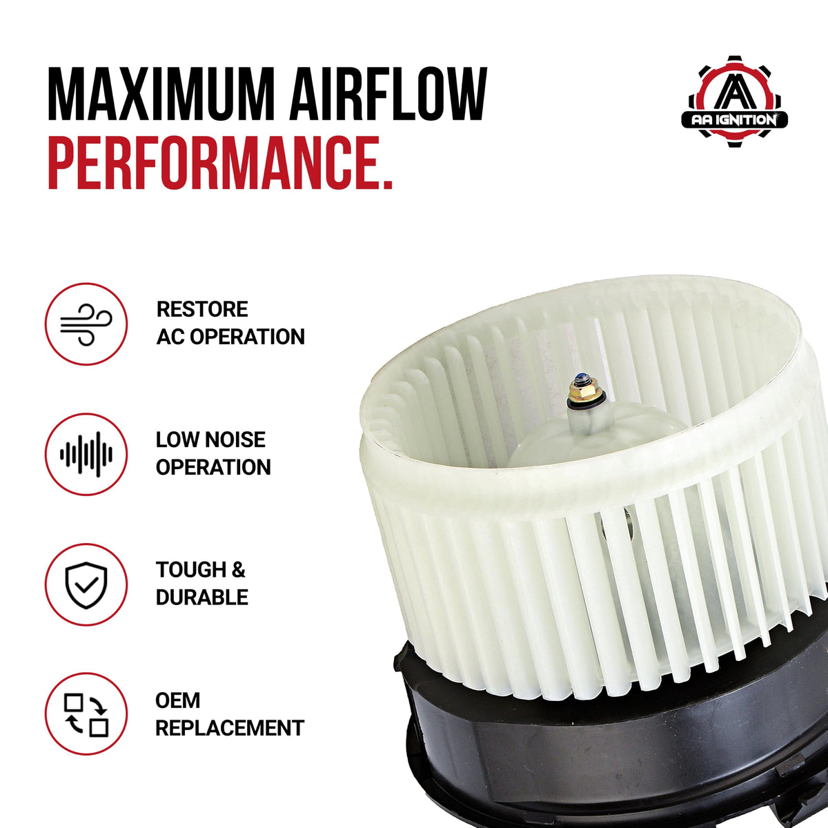 AA Ignition close-up of motor bearing and fan wheel highlighting balanced, quiet performance