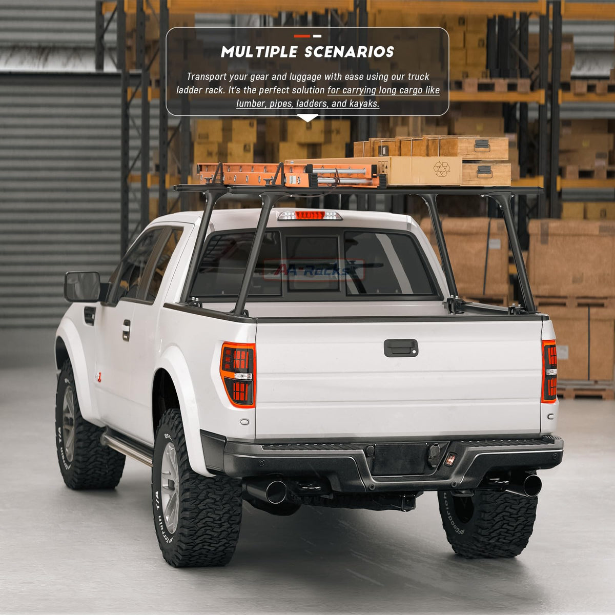 AA-Racks APX25-Lite with ladders loaded to show 800 lb capacity and organized transport