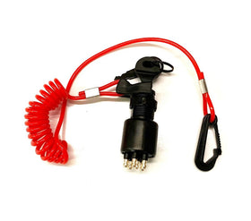 A.A safety lanyard detail with clip and cord for quick engine shutoff — improves onboard safety