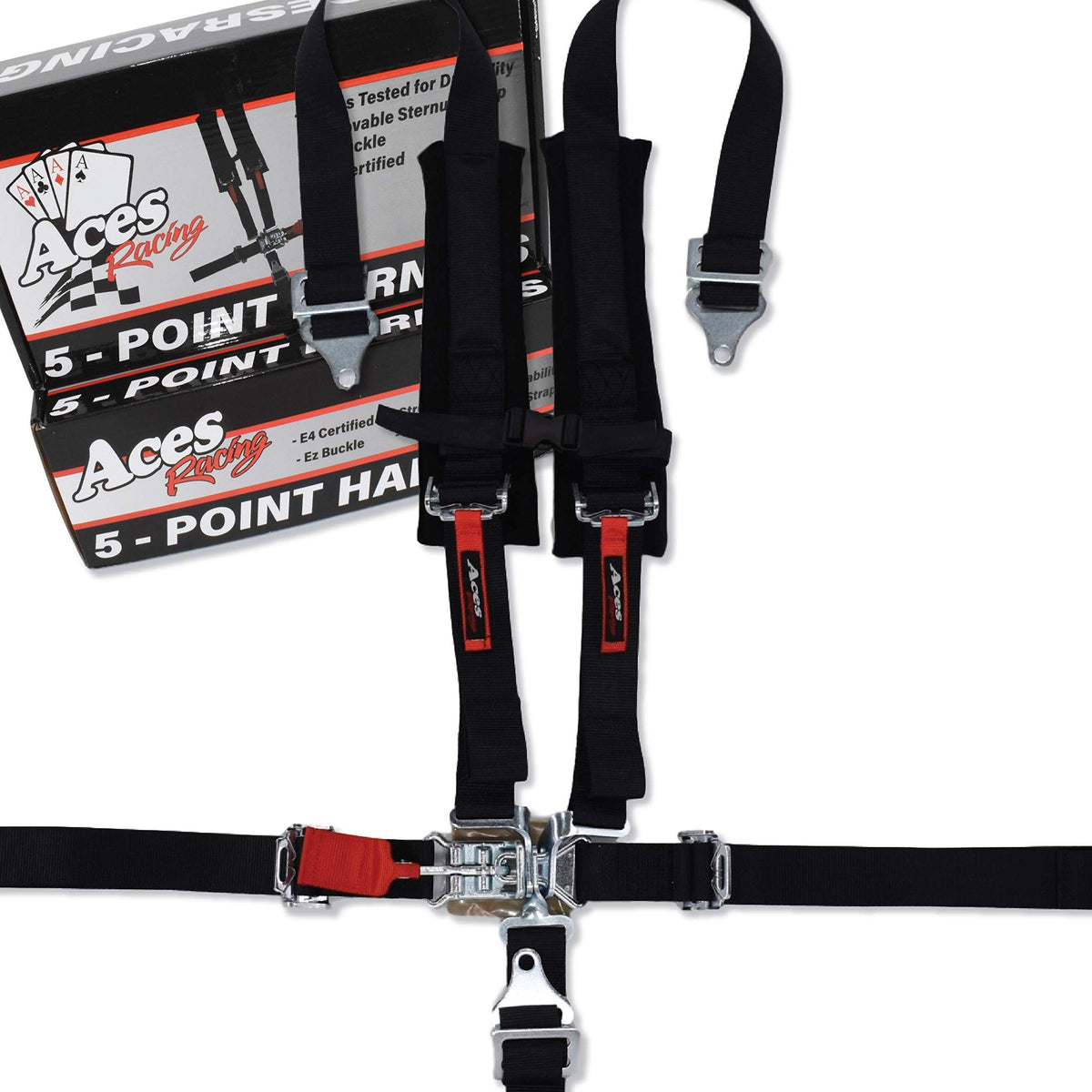 AAAA Aces Racing front view of black 5-point harness showing full layout and fit