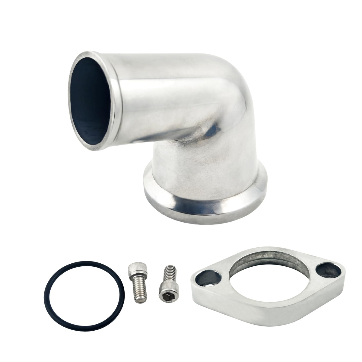AAAWZDWD front view polished water neck shows fitment and clean finish improving hose routing