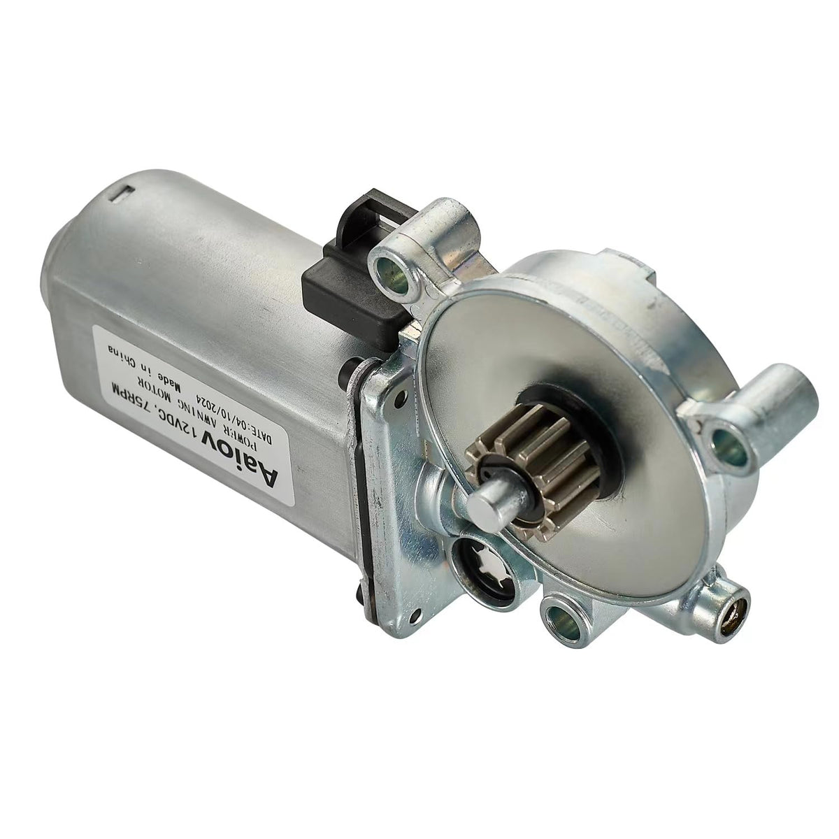 Aaiov motor side profile with label showing voltage and warranty info