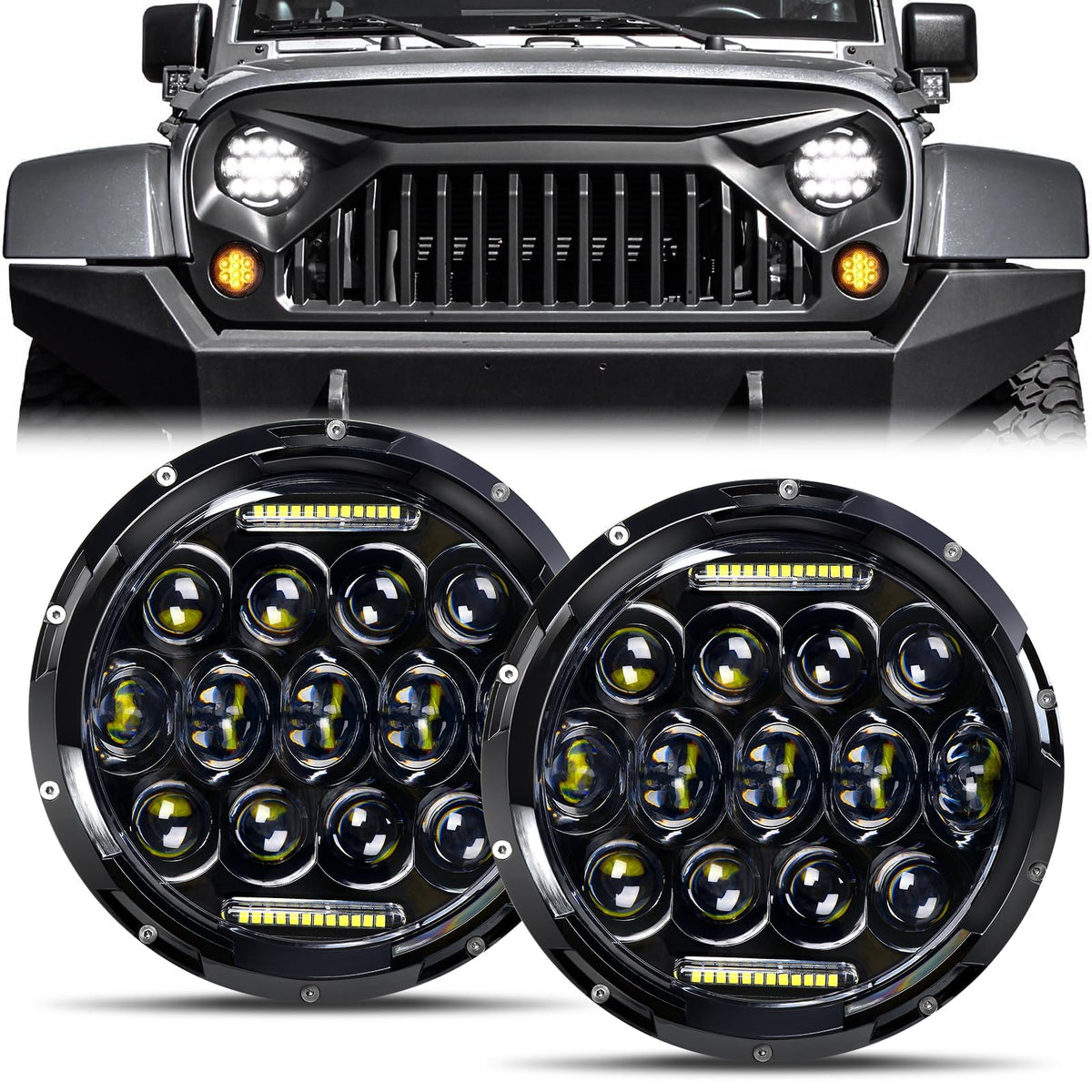 Aaiwa front view of 7 inch LED headlight showing clean face and DRL benefit