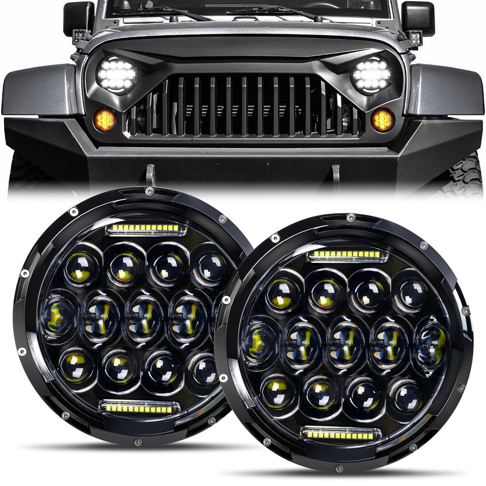 Aaiwa front view of 7 inch LED headlight showing clean face and DRL benefit