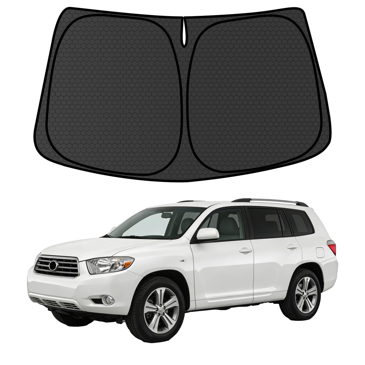 aatoppus Highlander front view sun shade showing full windshield coverage and heat reduction