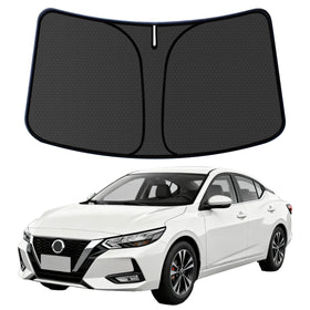 aatoppus sun shade front fit on Sentra showing precise windshield coverage and cooling benefit