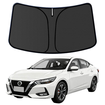 aatoppus sun shade front fit on Sentra showing precise windshield coverage and cooling benefit