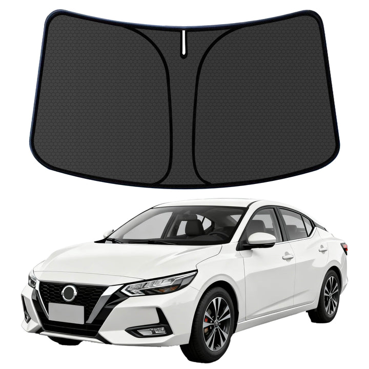 aatoppus sun shade front fit on Sentra showing precise windshield coverage and cooling benefit