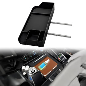 ABAGAEL front view of headrest organizer showing integrated tray and cup holder for convenience