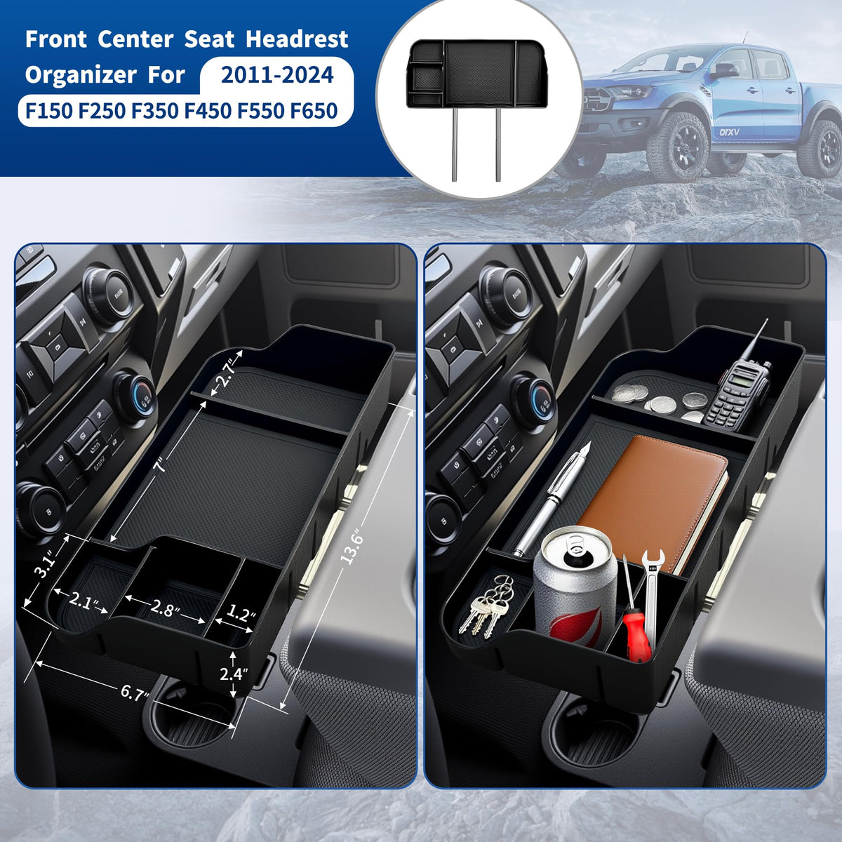 ABAGAEL top view open storage compartment holding wallet and keys for organized cabin storage