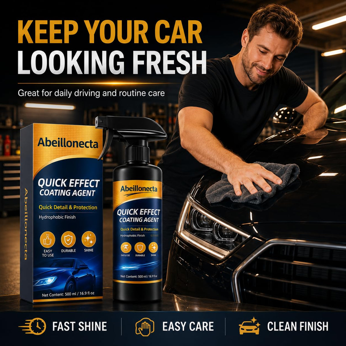 Abeillonecta spray on car glass being wiped for streak-free clarity
