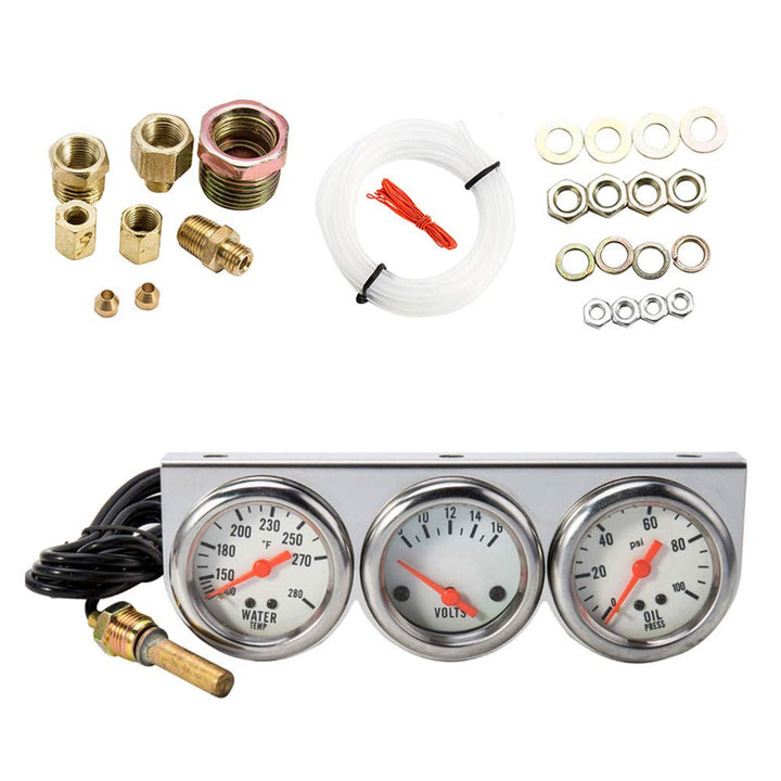 Abizarch front view chrome 3-in-1 gauge kit showing clear readouts and quick recognition