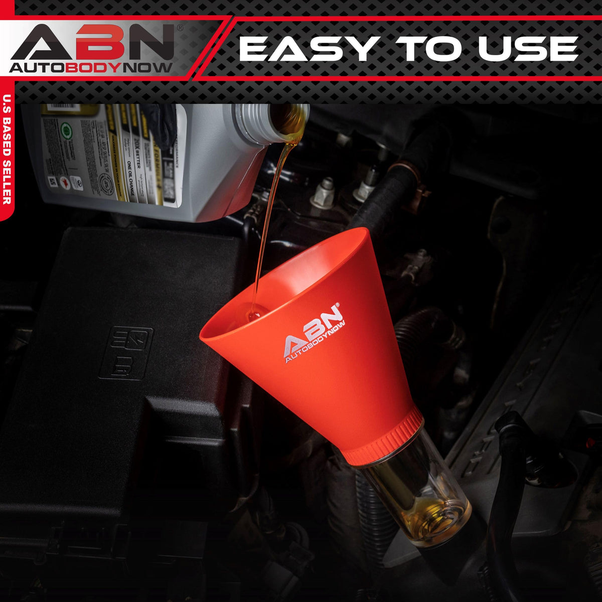 ABN funnel installed in engine filler neck, enables clean oil transfer
