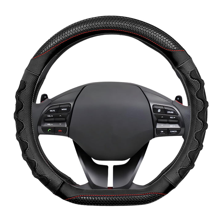 ABOTHGD front view of black D-shaped steering wheel cover showing sporty look and fit