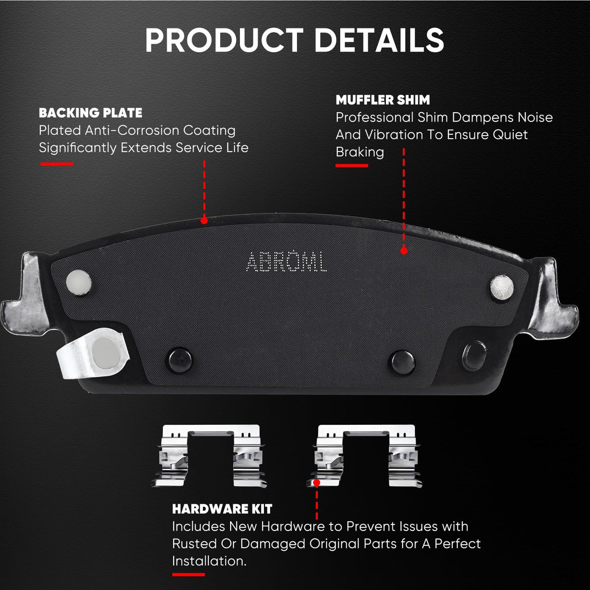 ABROML anti-squeal shim detail proving reduced noise and smoother braking