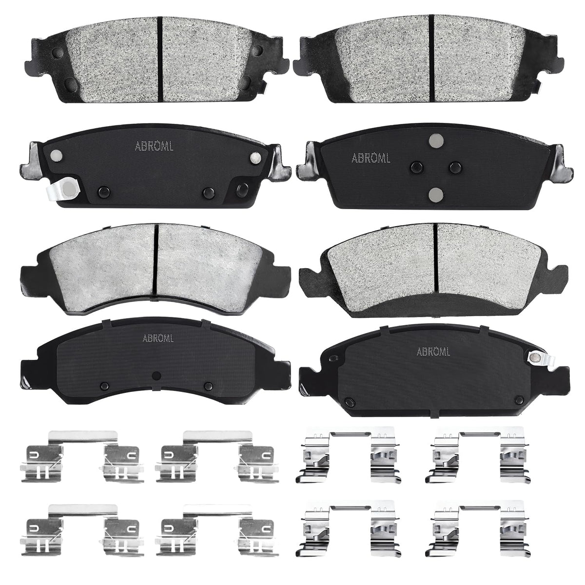 ABROML front and rear packaging showing complete brake pad kit and fitment benefit
