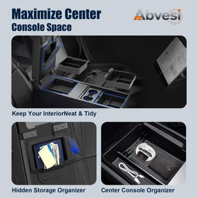 Abvesi center console tray close-up demonstrating layered storage and tidy layout