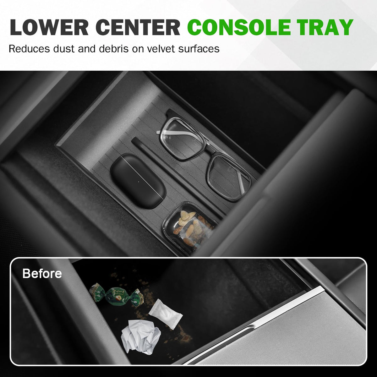 Abystar armrest organizer inserted showing protected storage and quick-access compartments
