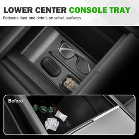 Abystar armrest organizer inserted showing protected storage and quick-access compartments