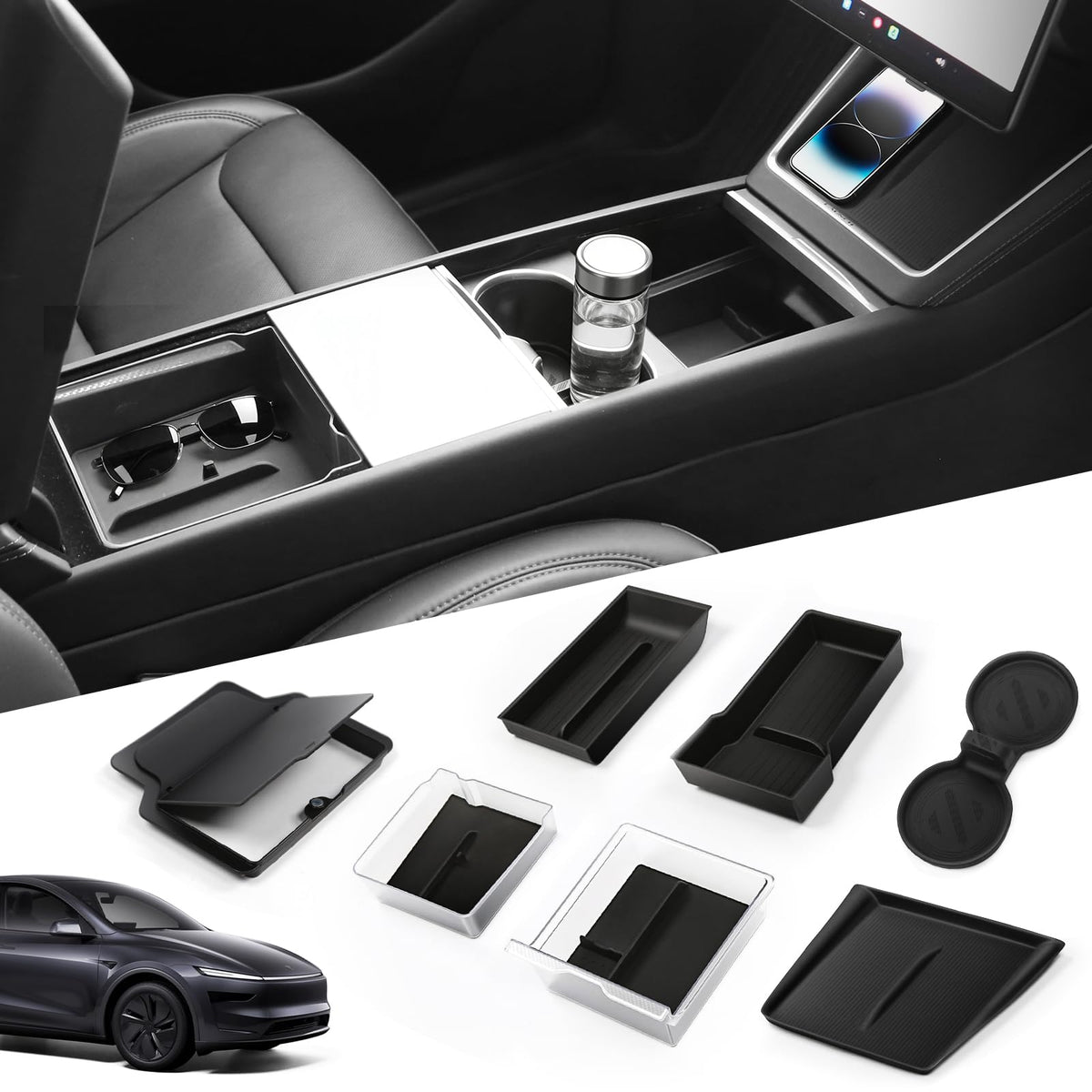 Abystar front console installed in Tesla Model Y Juniper showing tidy storage and easy reach