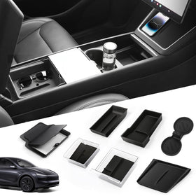 Abystar front console installed in Tesla Model Y Juniper showing tidy storage and easy reach