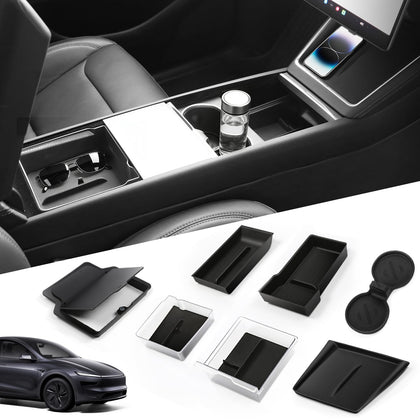 Abystar front console installed in Tesla Model Y Juniper showing tidy storage and easy reach