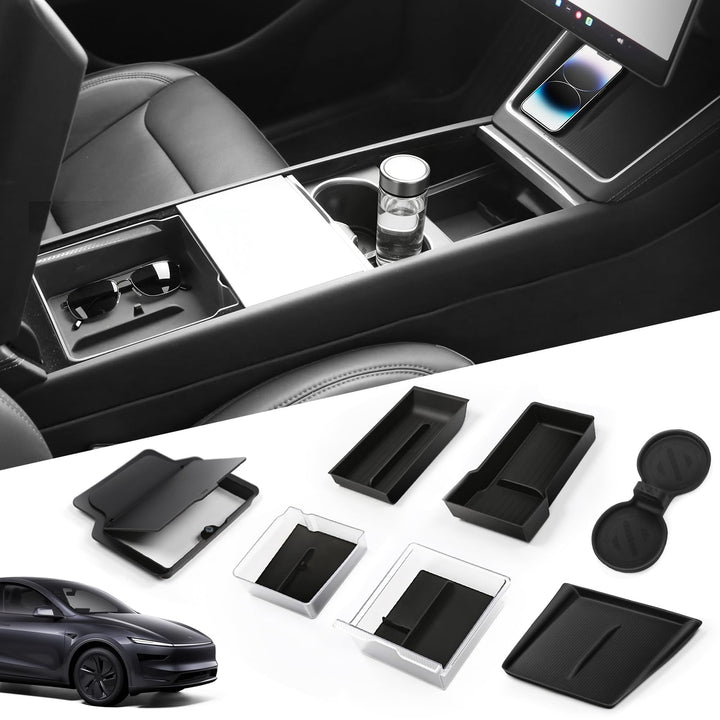 Abystar front console installed in Tesla Model Y Juniper showing tidy storage and easy reach