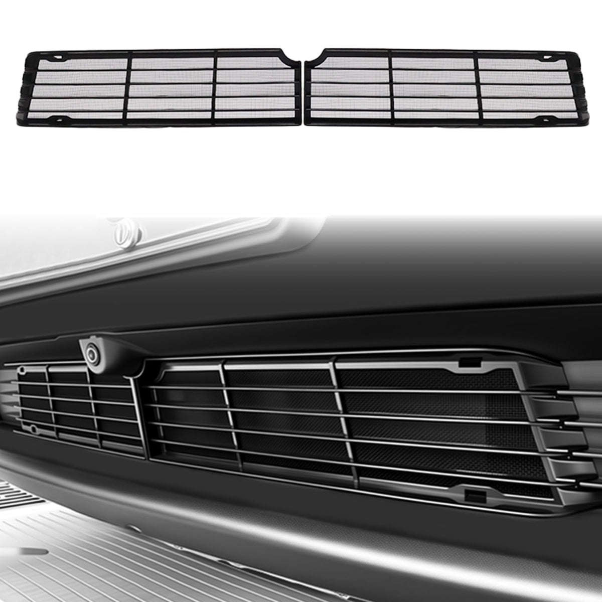 Abystar front grille full view on Model Y Juniper showing integrated look and protection