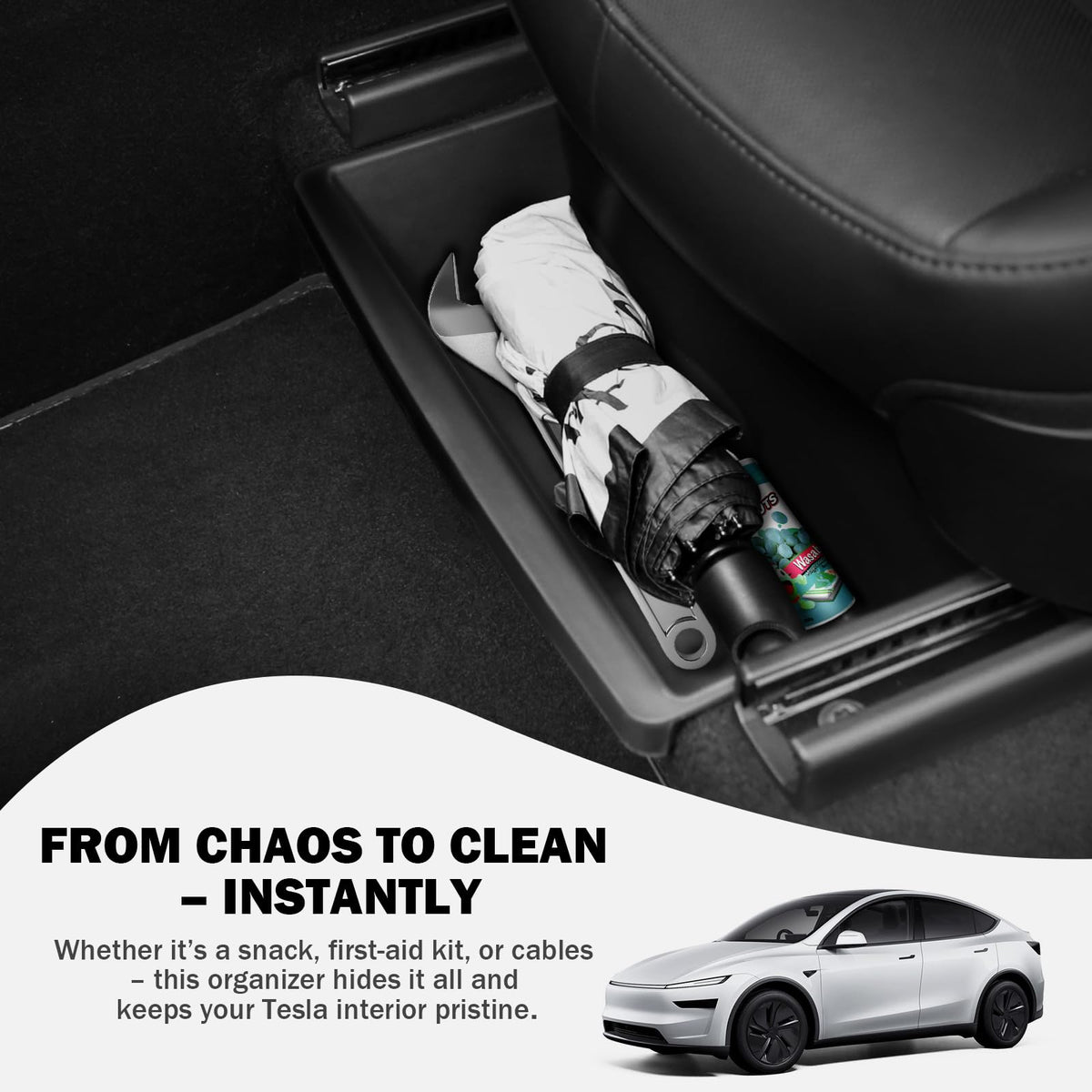 Abystar installed under passenger seat with seat moved illustrating unobstructed travel