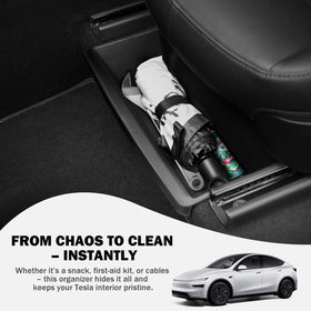 Abystar installed under passenger seat with seat moved illustrating unobstructed travel