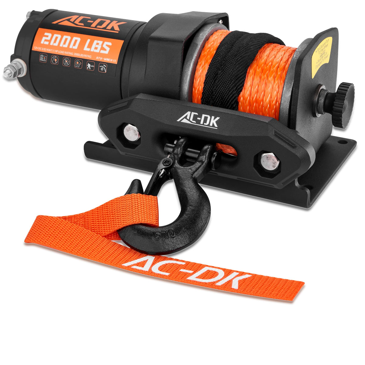 AC-DK winch front view showing compact housing and fairlead, highlighting durability