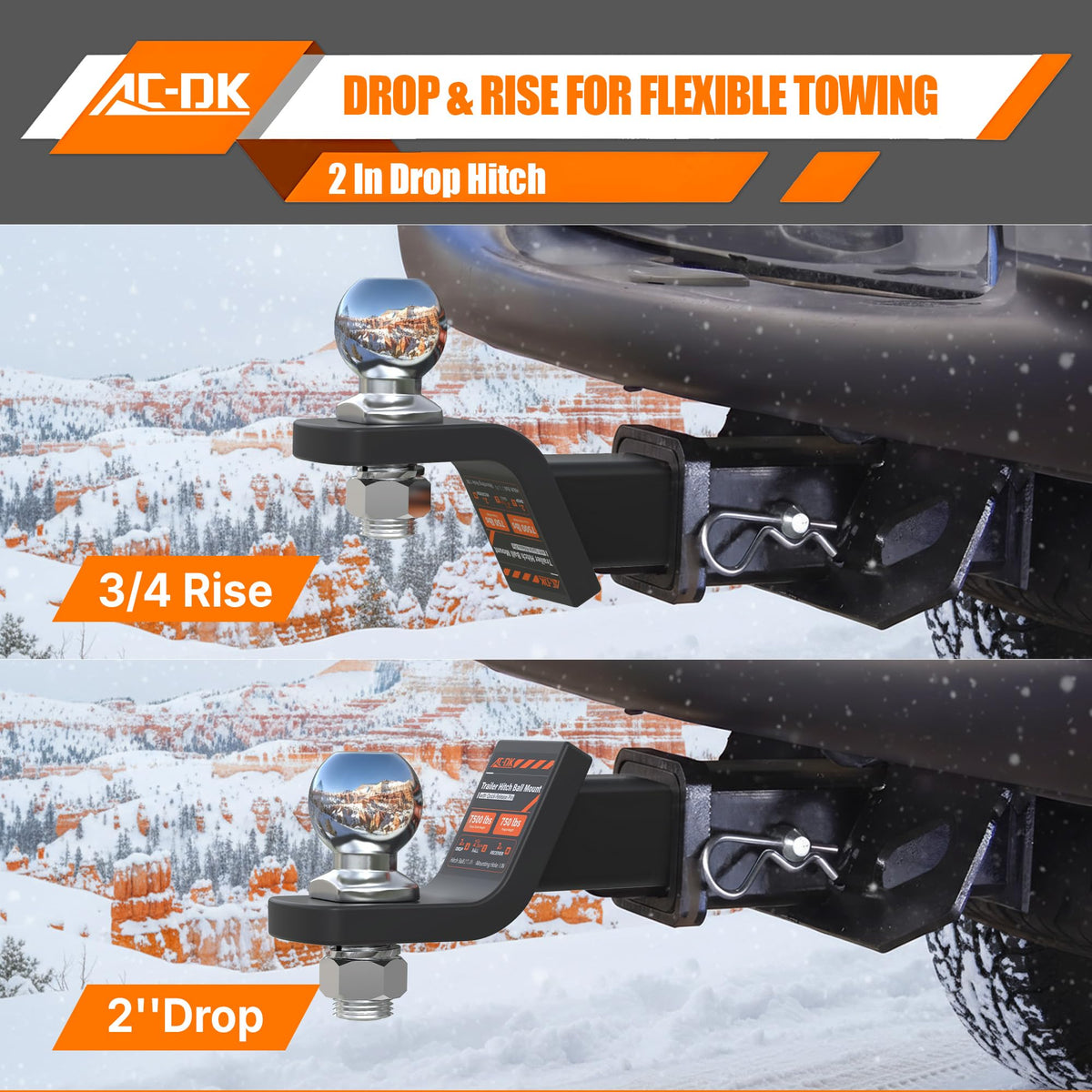 AC-DK hitch mounted on vehicle towing a trailer illustrating real-world use