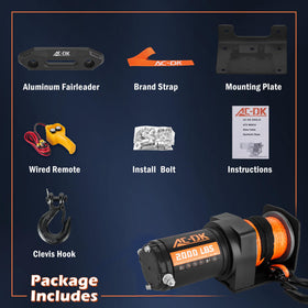 AC-DK winch motor and spec label close-up showing power rating and model details