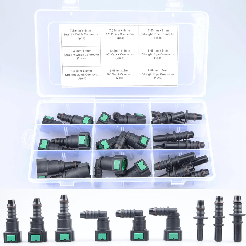 AC PERFORMANCE front packaging showing 24-piece fuel connector kit and contents benefit quick selection