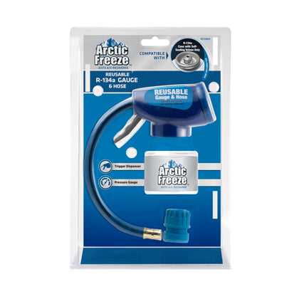 A/C Pro Arctic Freeze front view showing gauge and hose for accurate pressure checks