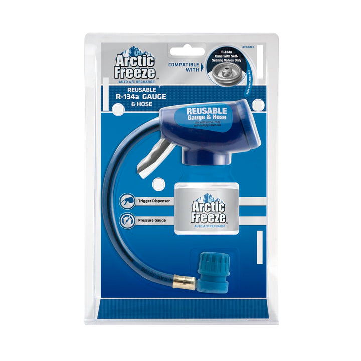 A/C Pro Arctic Freeze front view showing gauge and hose for accurate pressure checks