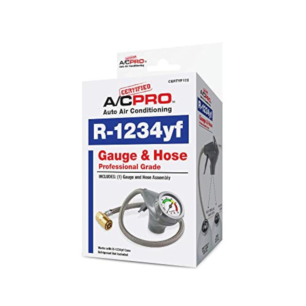 A/C Pro front view gauge and hose showing full kit for accurate recharging