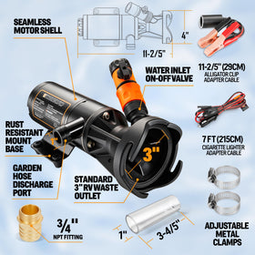 ACCUCRAFT pump mounted on RV 3-inch outlet while discharging showing practical in-field use benefit