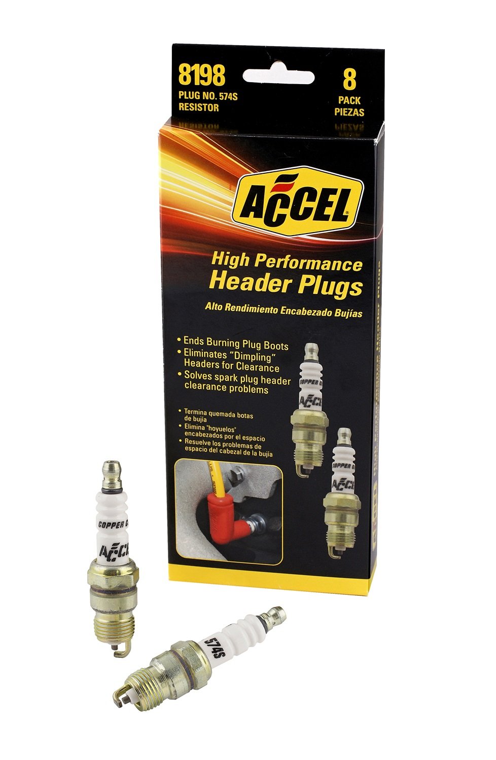 ACCEL 8198 front packaging showing eight shorty spark plugs and compact design benefit