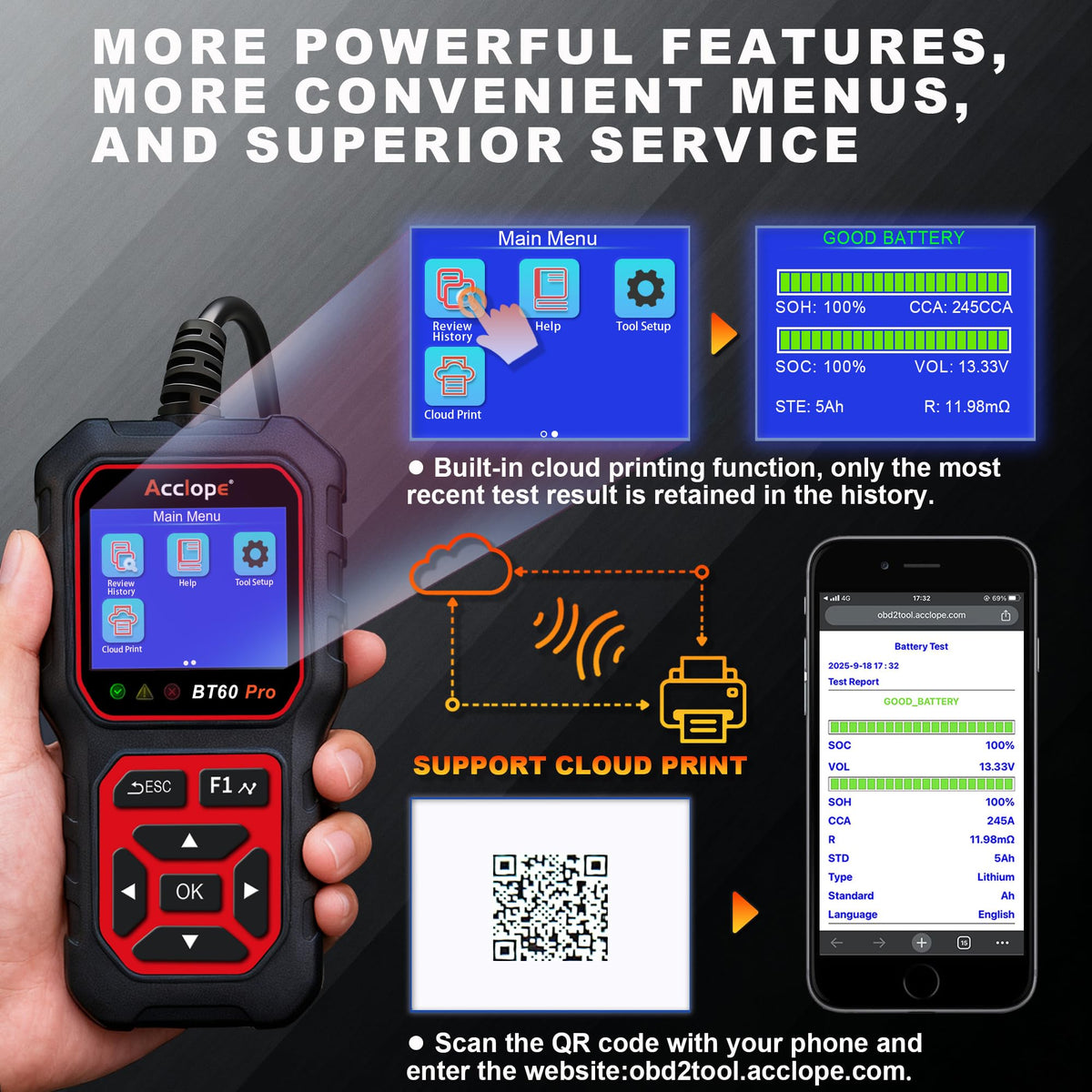 Acclope BT60 PRO connected to car battery showcasing in-vehicle testing