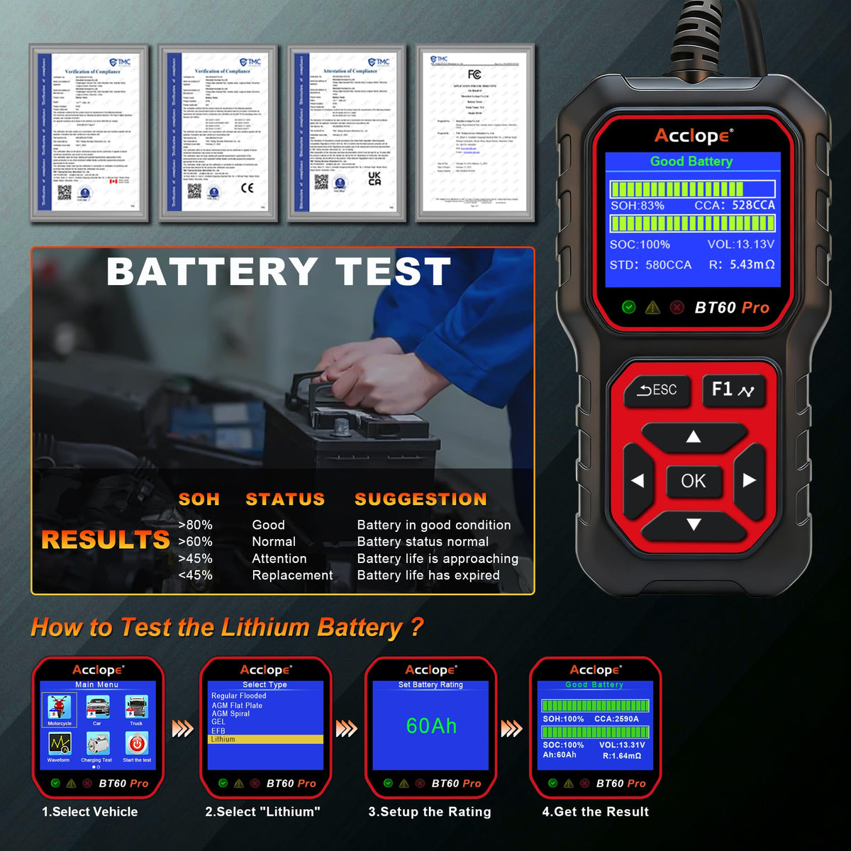 Acclope BT60 PRO testing a lithium starter battery confirming compatibility