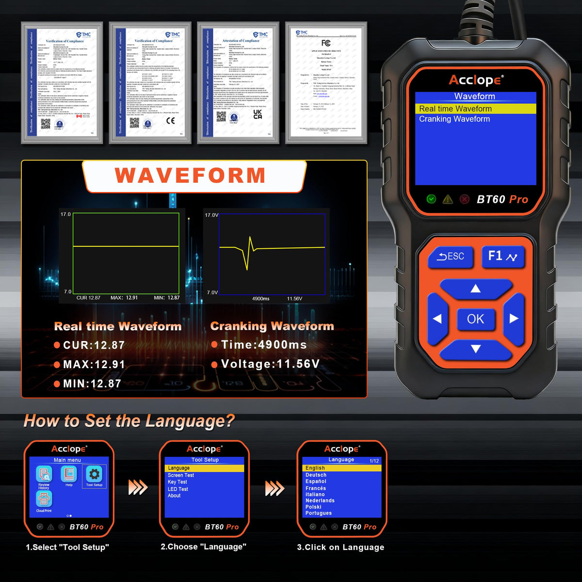 Acclope BT60 PRO connected to a 24V truck battery displaying cranking system analysis