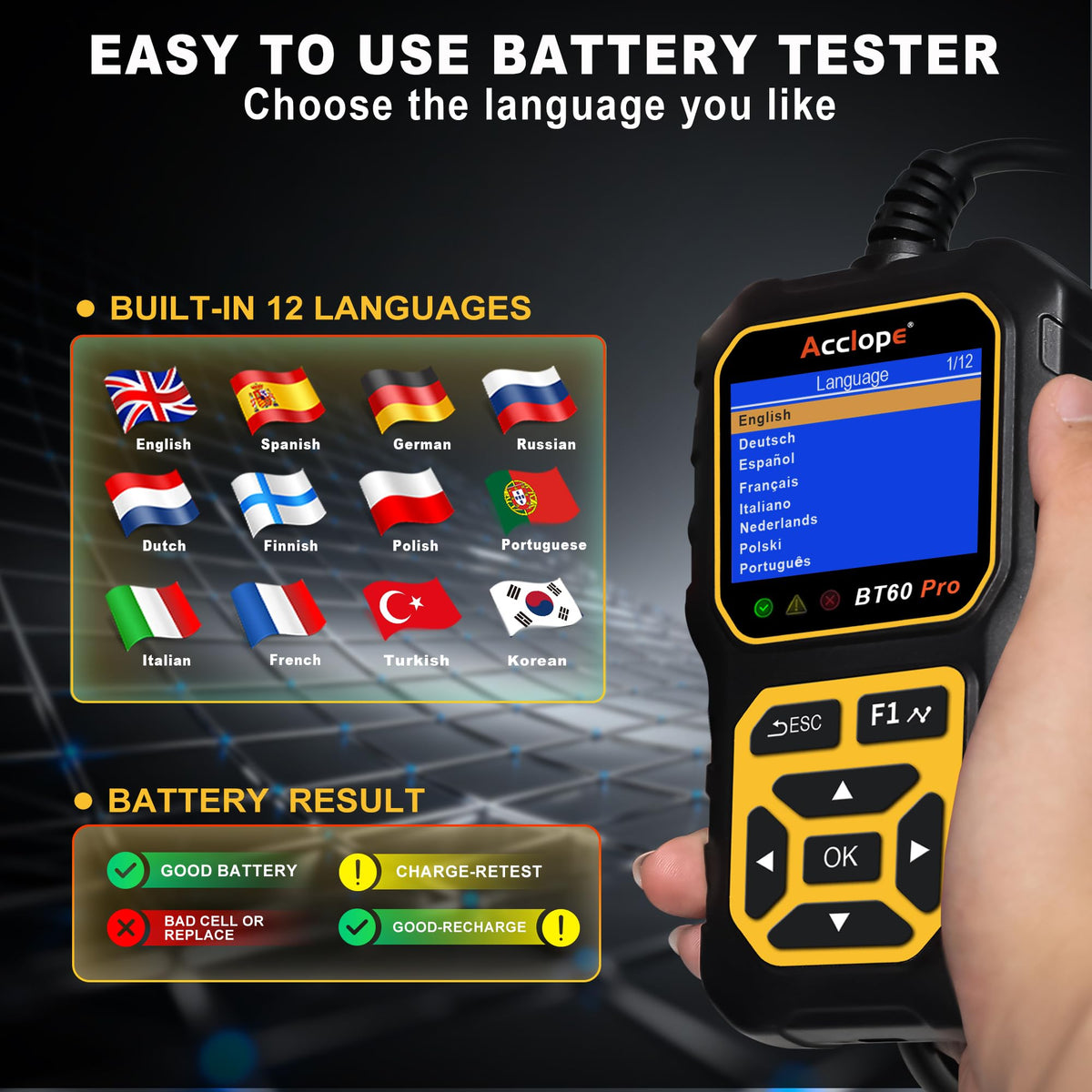 Acclope BT60 PRO battery compatibility label illustrating multi-chemistry support