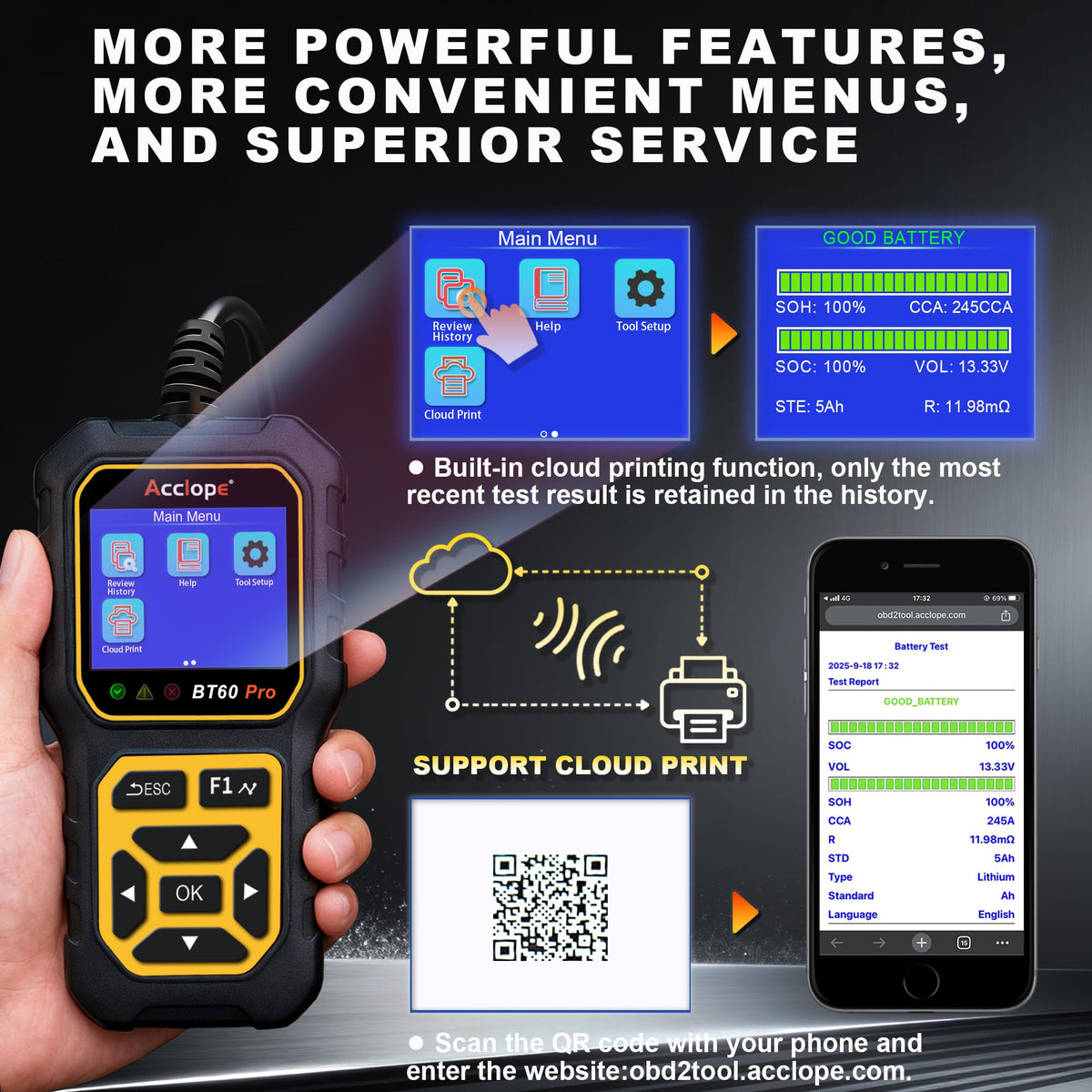 Acclope BT60 PRO QR cloud report visible on phone for easy record sharing