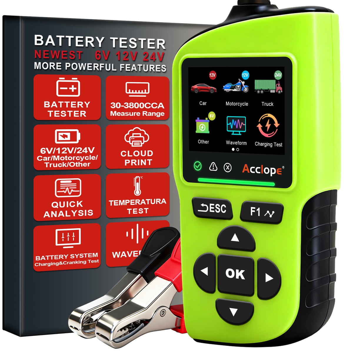 Acclope BT90 PRO front display showing metrics and quick diagnosis for technician clarity