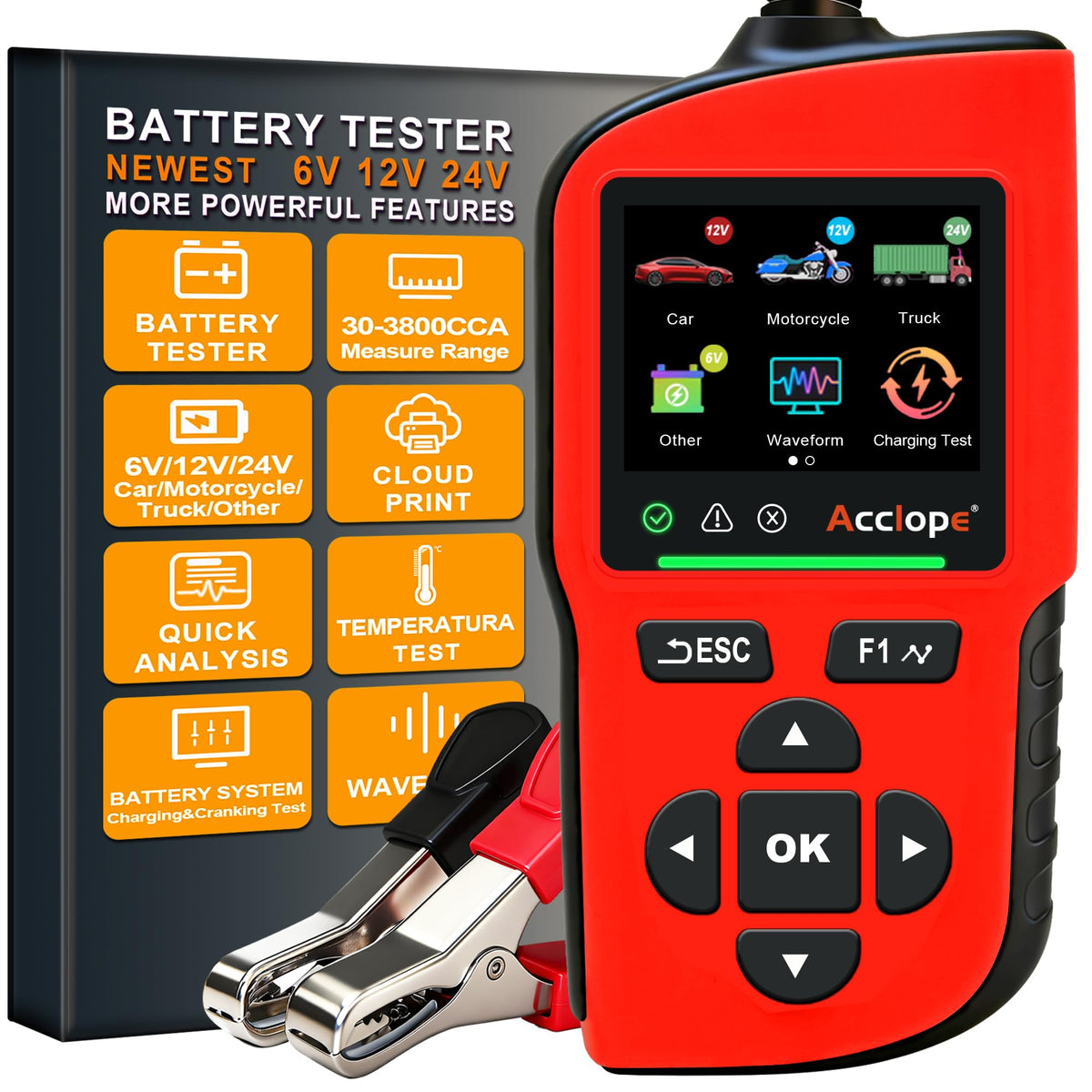 Acclope BT90 PRO front display showing test results and cloud QR for fast sharing