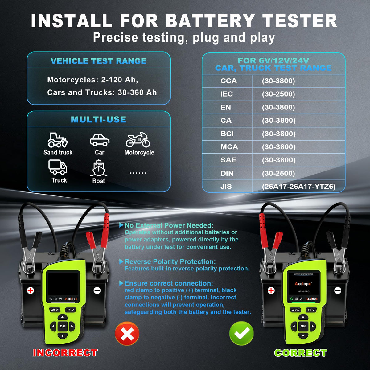 Acclope BT90 PRO in use on a car battery providing fast Good/Recharge/Replace decisions