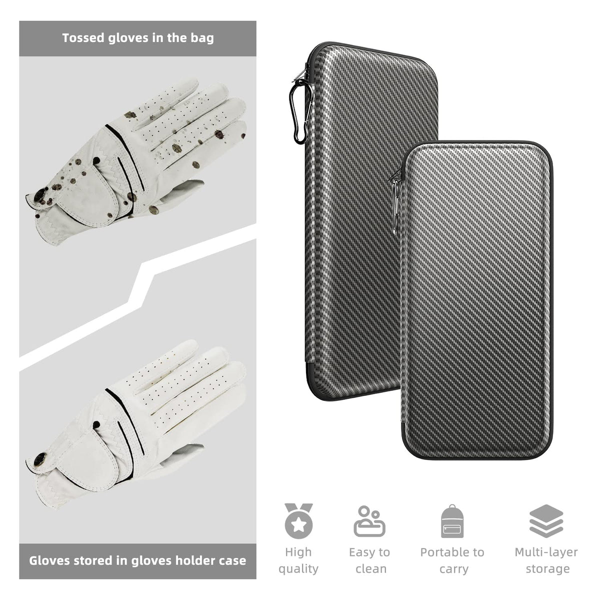 ACCTOLF glove case hooked to golf bag for hands-free carrying convenience