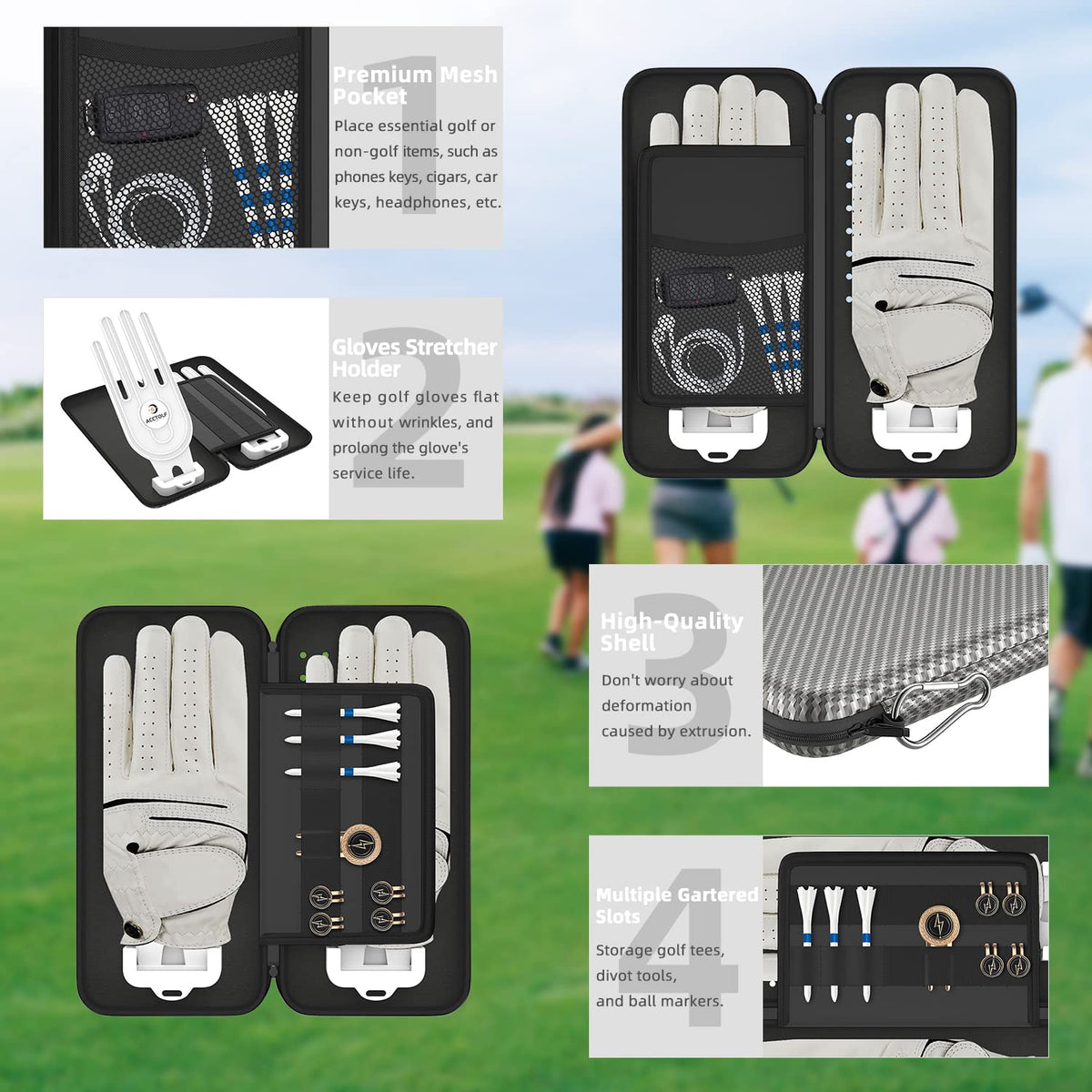 ACCTOLF lifestyle shot on tee box illustrating on-course accessibility and neat storage