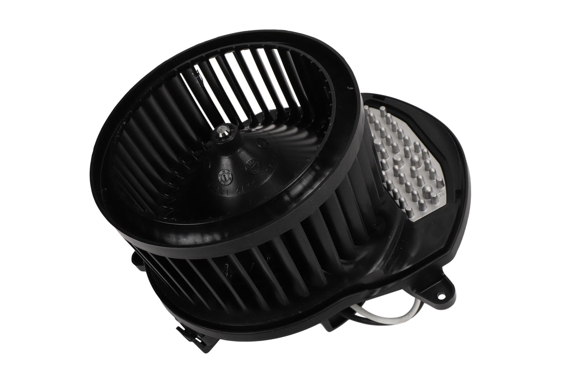 ACDelco 84861776 blower motor front view showing mounting points and connector, ensures easy fit